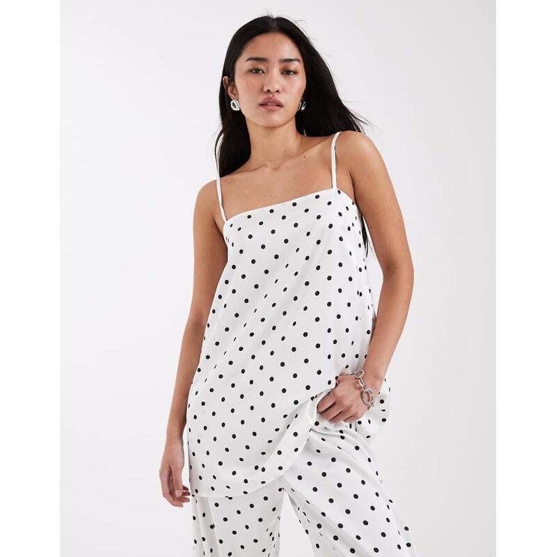 Pieces satin cami top co-ord in cream and black polka dot-White 114811741