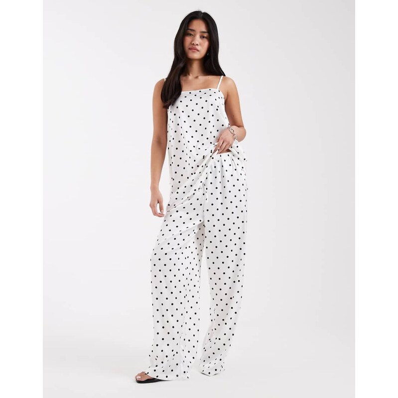Pieces tie waist satin trouser co-ord in cream and black polka