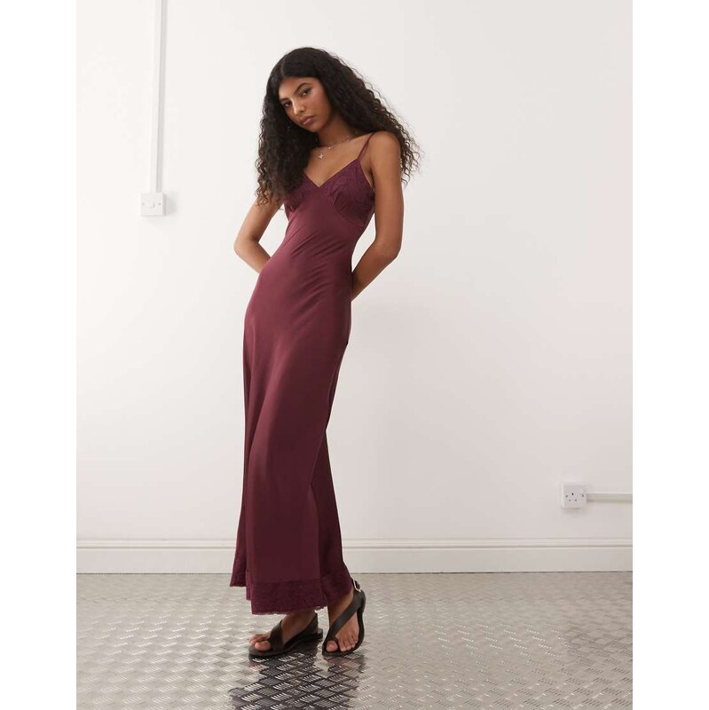 Reclaimed Vintage maxi cami satin slip dress with lace trims in