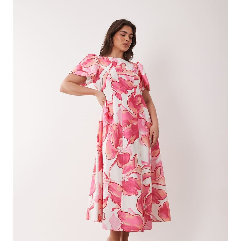 Forever New Curve flutter sleeve midaxi dress in floral print-Pink 114294702