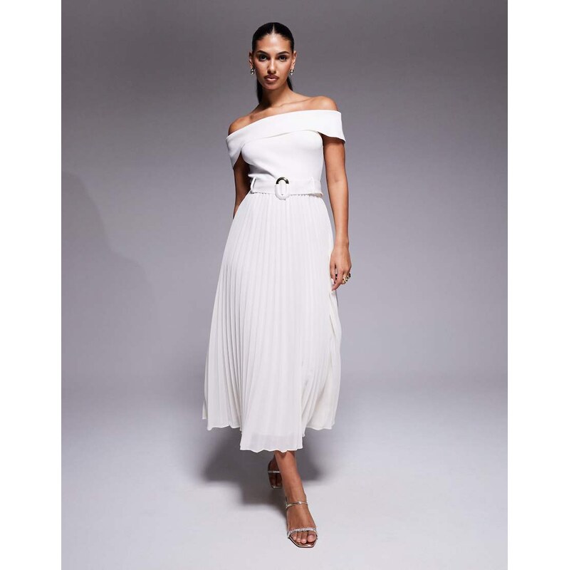 Forever New off the shoulder belted knit midi dress in cream