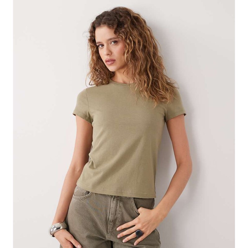 Weekday 90s baby tee in olive green exclusive to ASOS