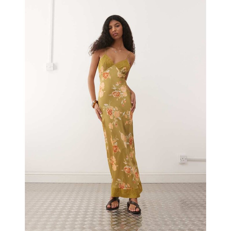Reclaimed Vintage maxi cami satin slip dress with lace trims in green 114281474