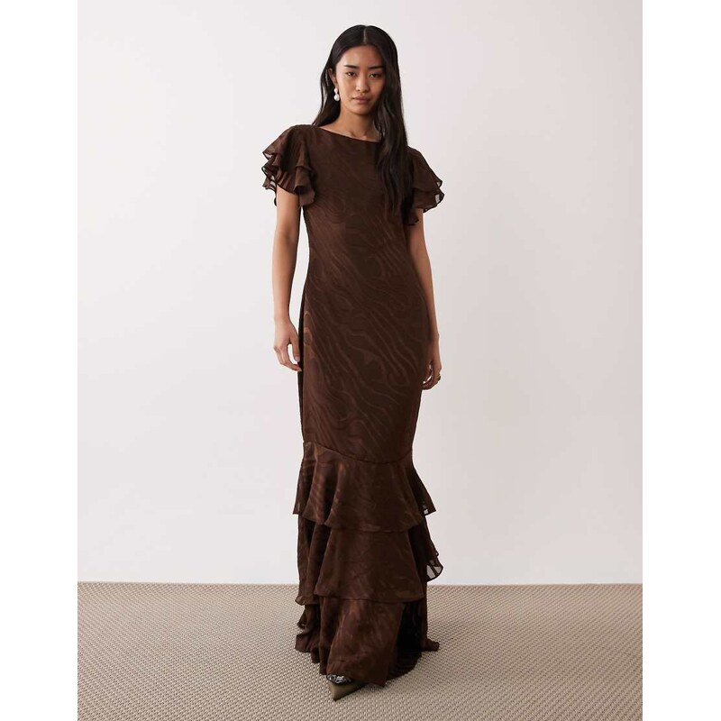 Pretty Lavish devore frill sleeve maxi dress in brown 114425792