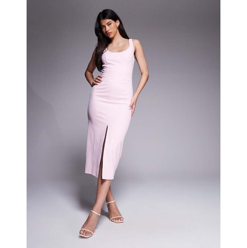 Forever New stretch scoop neck slit front midi dress in soft pink 114281496