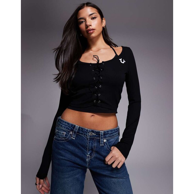True Religion long sleeve ribbed top with halter neck and lace