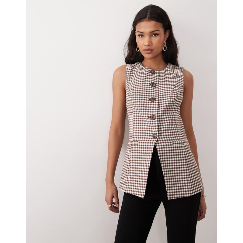 Nobodys Child Immy cotton blend long line waistcoat in brown