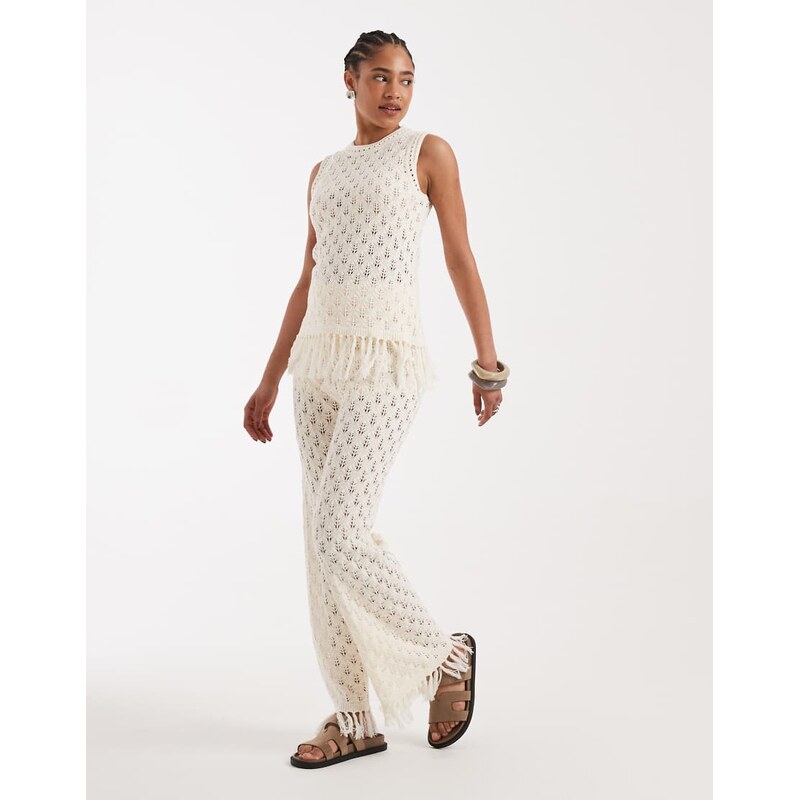 New Look co-ord tassel hem knitted trousers in cream-White