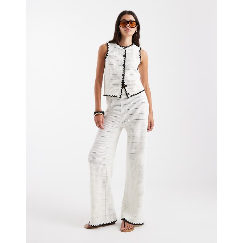 New Look co-ord blanket stitch trousers in cream-White
