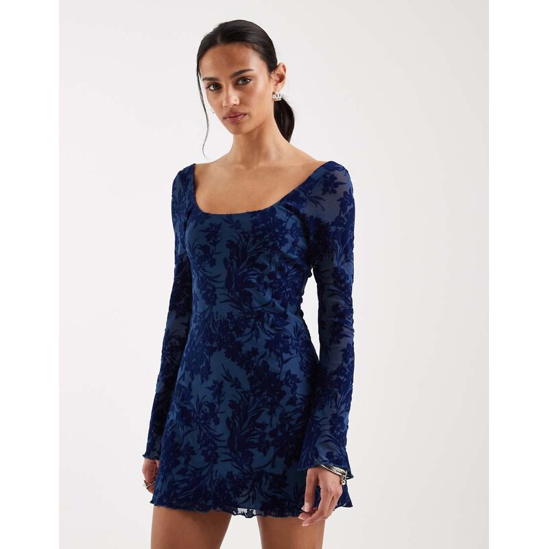 Motel Bindara midnight leaf flock longsleeve mini dress in cobalt blue 114375442