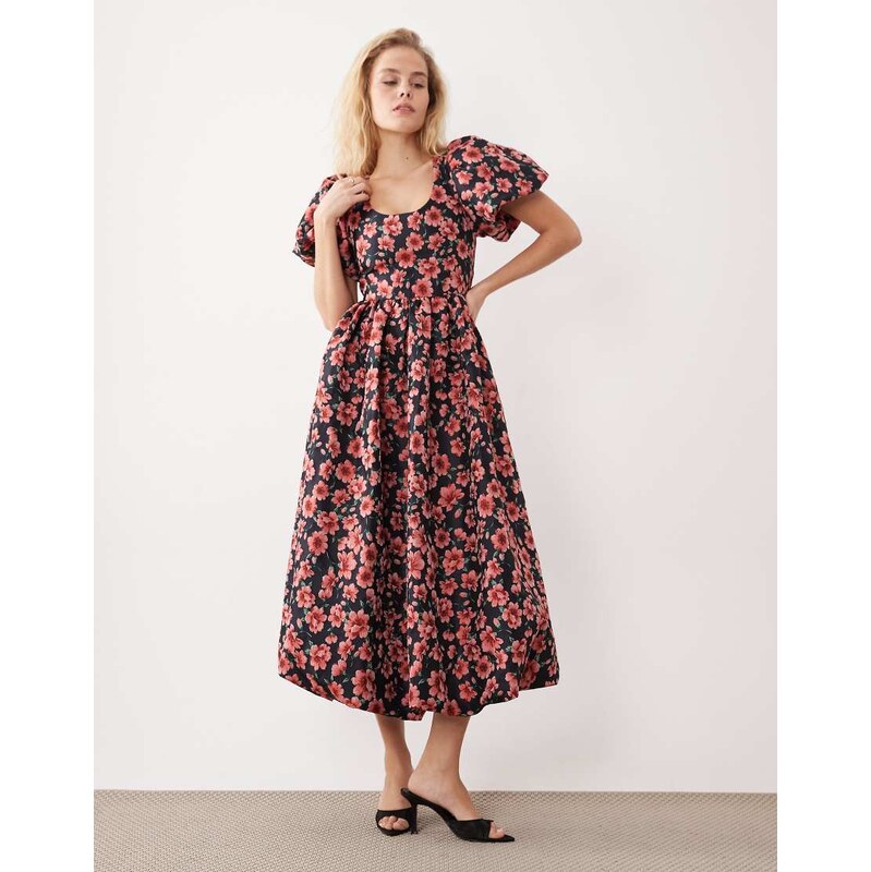 Sister Jane floral jacquard puff sleeve midi dress in navy and