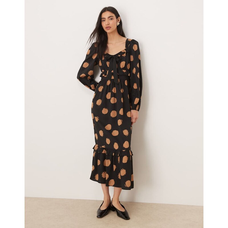 Wednesdays girl bow detail bardot midaxi dress in brown polka