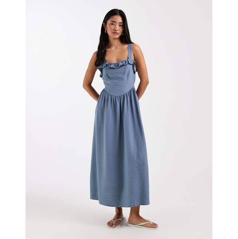 New Look frill detail strappy midi dress in blue