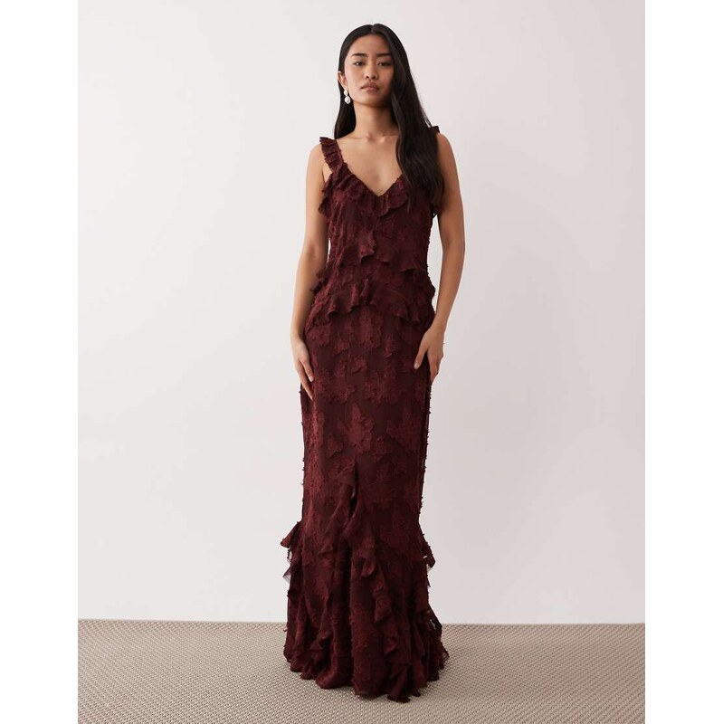 Pretty Lavish devore frill detail cami maxi dress in mahogany red 114300118