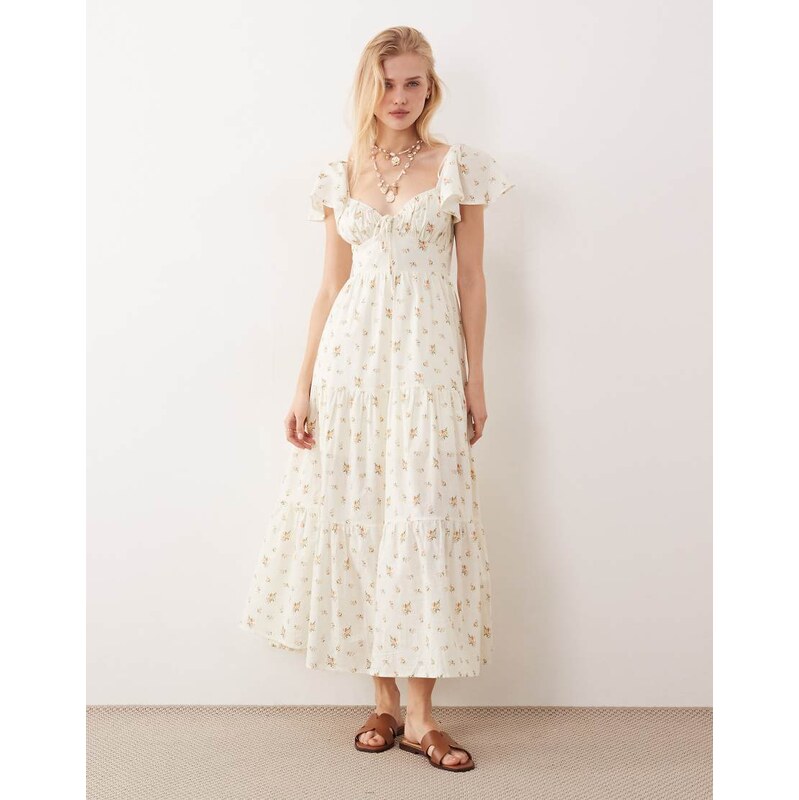 Kiss The Sky Bella flutter sleeve floral midaxi picnic dress in cream 114838092
