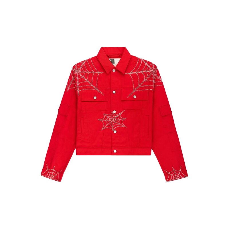 Sp5der Web Denim Cropped Trucker Jacket Red 113723251
