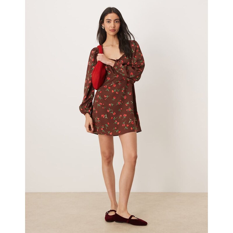 Wednesdays Girl brown floral bardot mini dress