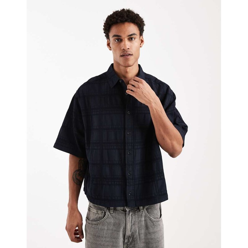 ASOS DESIGN boxy oversized shirt with textured check in black