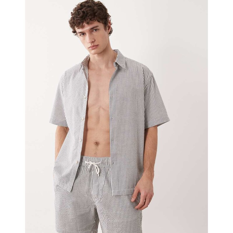 ASOS DESIGN co-ord relaxed seersucker shirt in black stripe