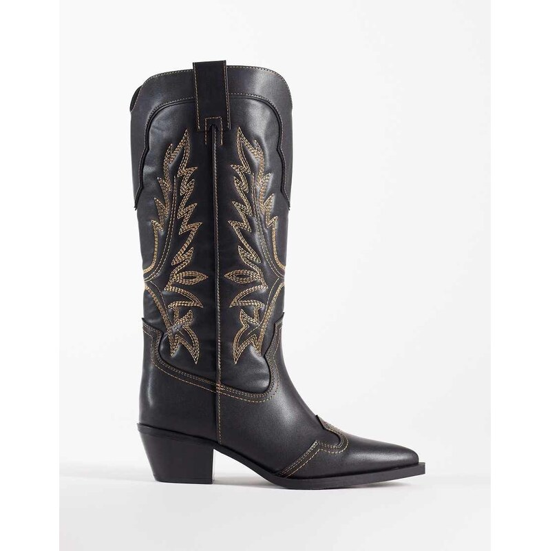 ASOS DESIGN Celestine flat western knee boots in black burnish 114584538
