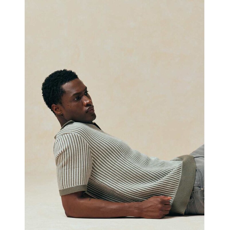 ASOS DESIGN relaxed knitted stripe polo in green and ecru-Multi