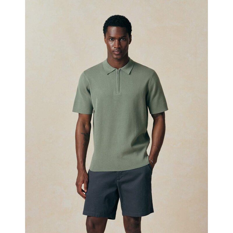 ASOS DESIGN Essential knitted cotton blend zip polo in dark sage