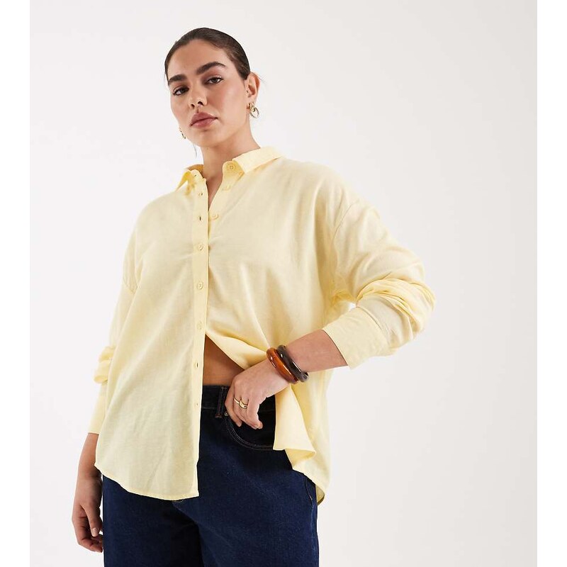ASOS Curve ASOS DESIGN Curve linen blend shirt in yellow-Multi 114814400