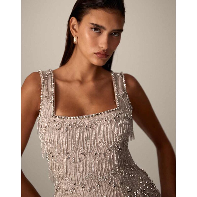 ARRANGE scallop beaded fringe square neck top in silver 114339267