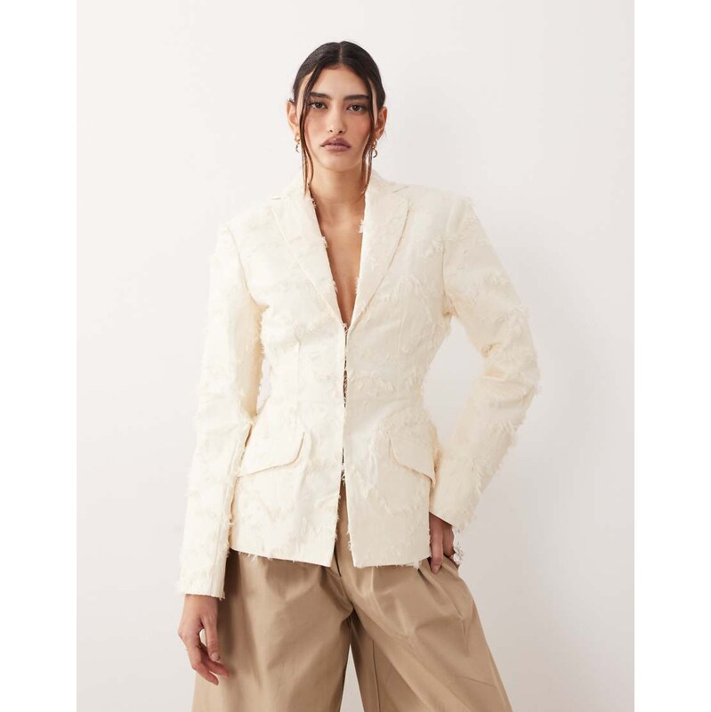 ARRANGE textured cinched waist blazer in cream-White 114339304