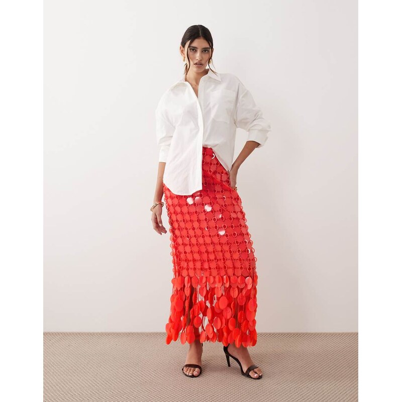 ARRANGE futurist sequin fringe hem midi skirt in tomato-Orange