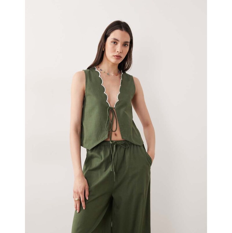 Esmee tie front beach top co-ord with cream scallop trim in olive 114339332