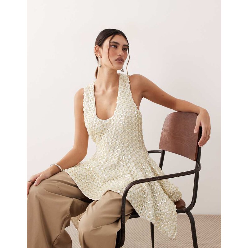 ARRANGE all over pearl embellished square hem peplum top in