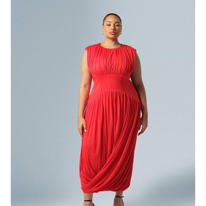 ARRANGE Curve gathered drape maxi dress with cinched waist in