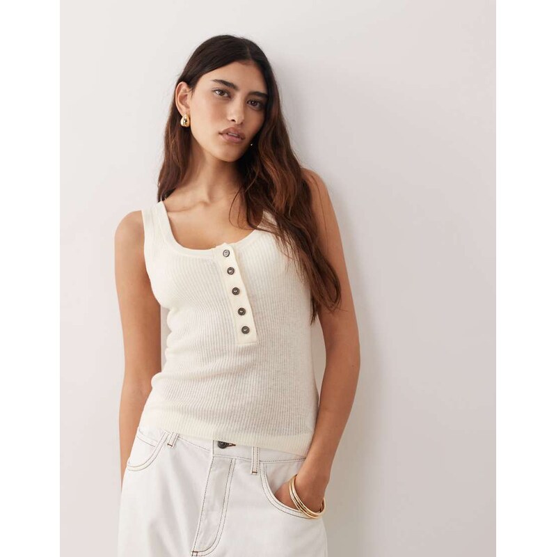 ARRANGE scoop neck soft knit tank top with buttons in cream-White 114339404