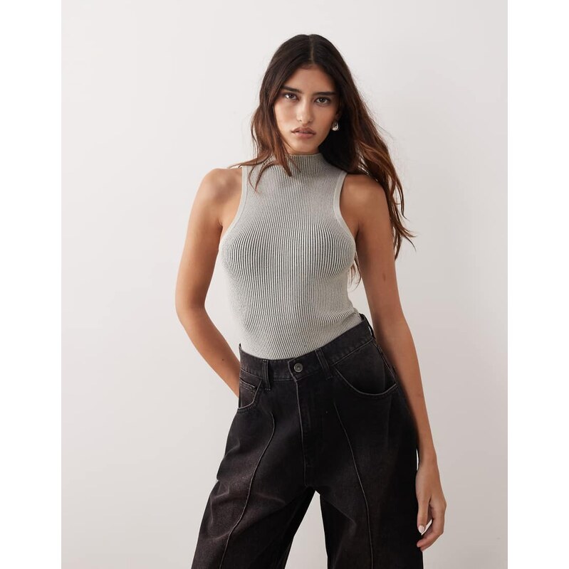 ARRANGE soft knit rib longline racer bodysuit in grey 114339405