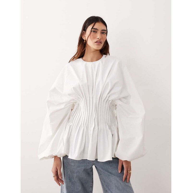 ARRANGE volume sleeve pleated cinched waist top in white