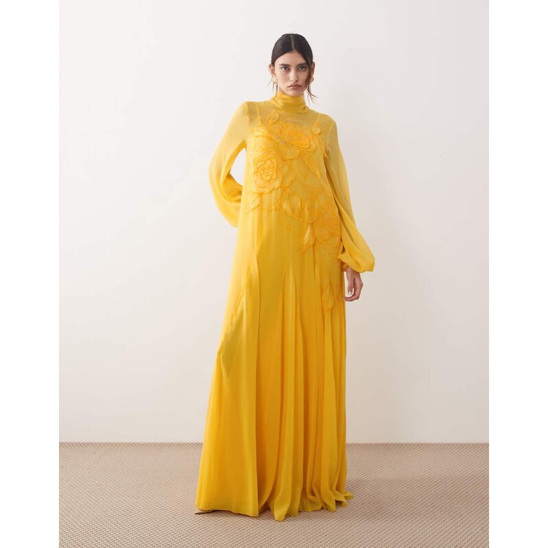 ARRANGE applique floral tie neck blouson sleeve trapeze maxi