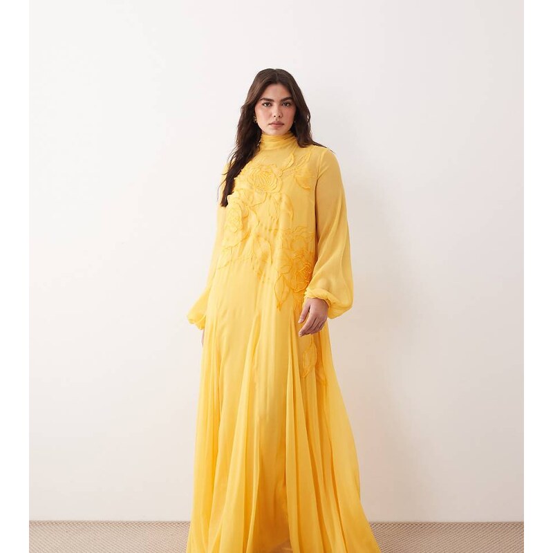 ARRANGE Curve applique floral tie neck blouson sleeve trapeze maxi 115519590