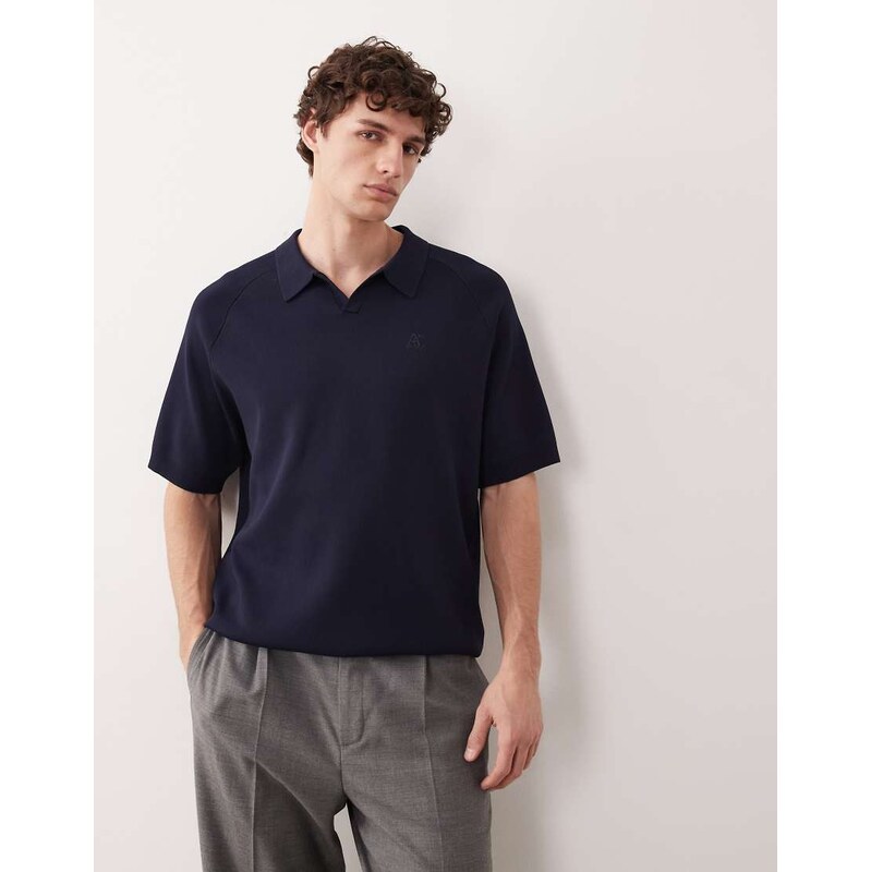 ASOS COLLECTIVE compact knitted relaxed notch neck polo in navy