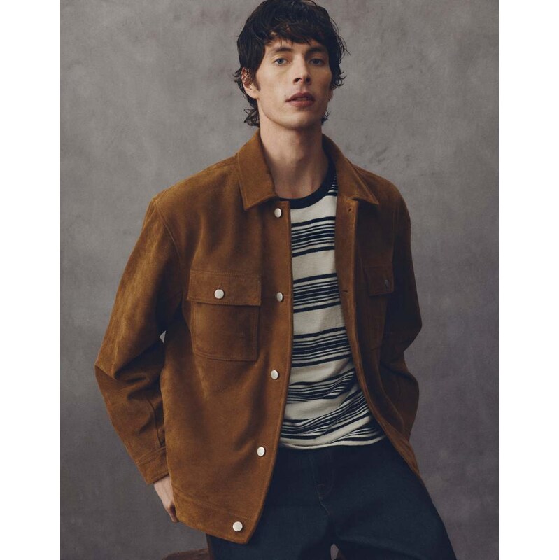 ASOS COLLECTIVE relaxed fit real suede trucker jacket in tan
