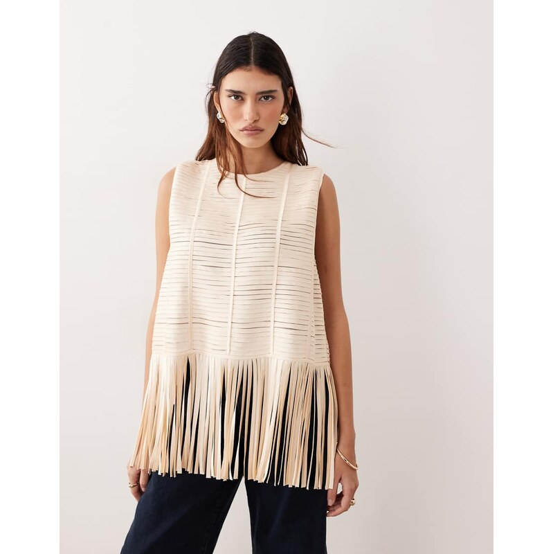 ARRANGE lattice handwoven fringe hem t-shirt in light gold