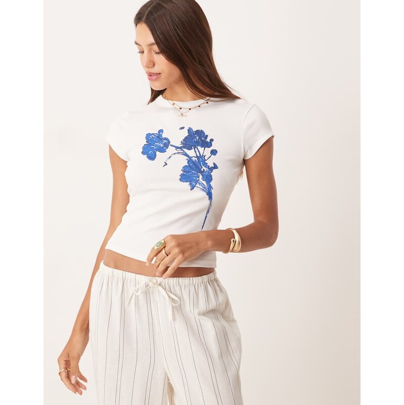 ASOS DESIGN baby tee with blue floral graphic in white