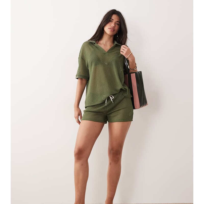 Kaiia exclusive crochet collar detail oversized polo top co-ord