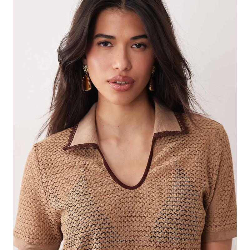 Kaiia exclusive crochet contrast trim collar detail cropped polo