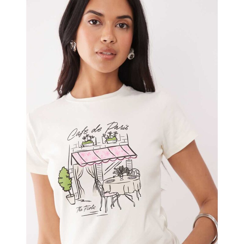 The Frolic exclusive cotton cafe motif baby tee in off white