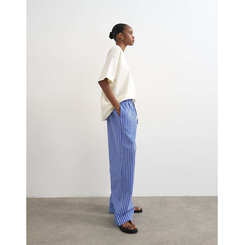 Topshop poplin pull on wide leg trouser in dark blue stripe