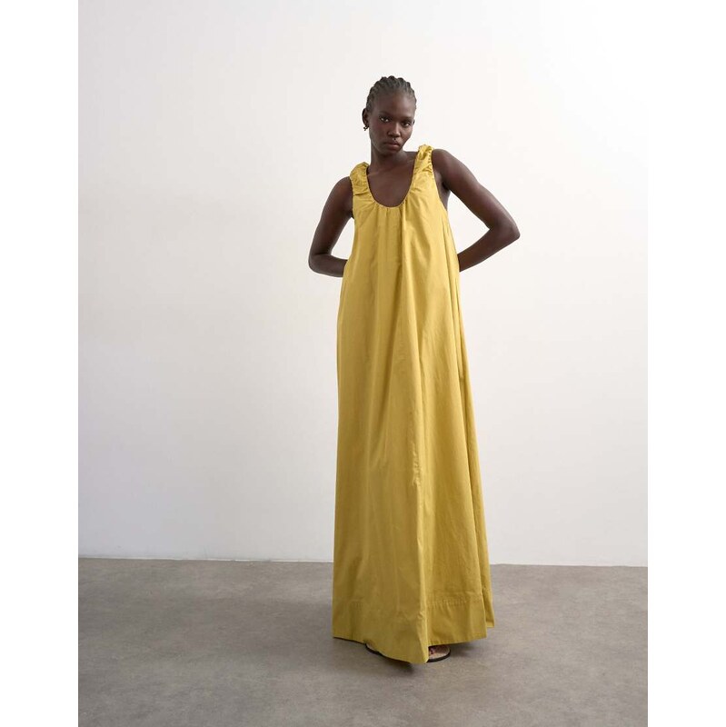 Topshop poplin ruched neck maxi sundress in ochre-Green