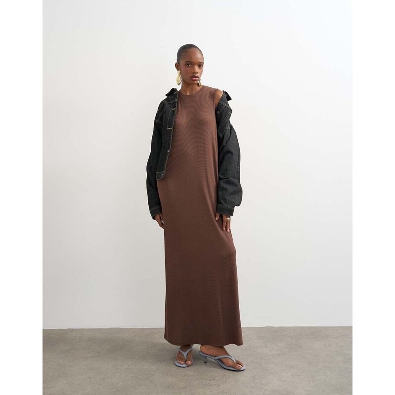 Topshop drop armhole rib maxi dress in chocolate brown