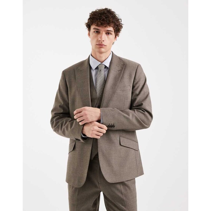 ASOS DESIGN skinny wool look suit jacket in khaki herringbone