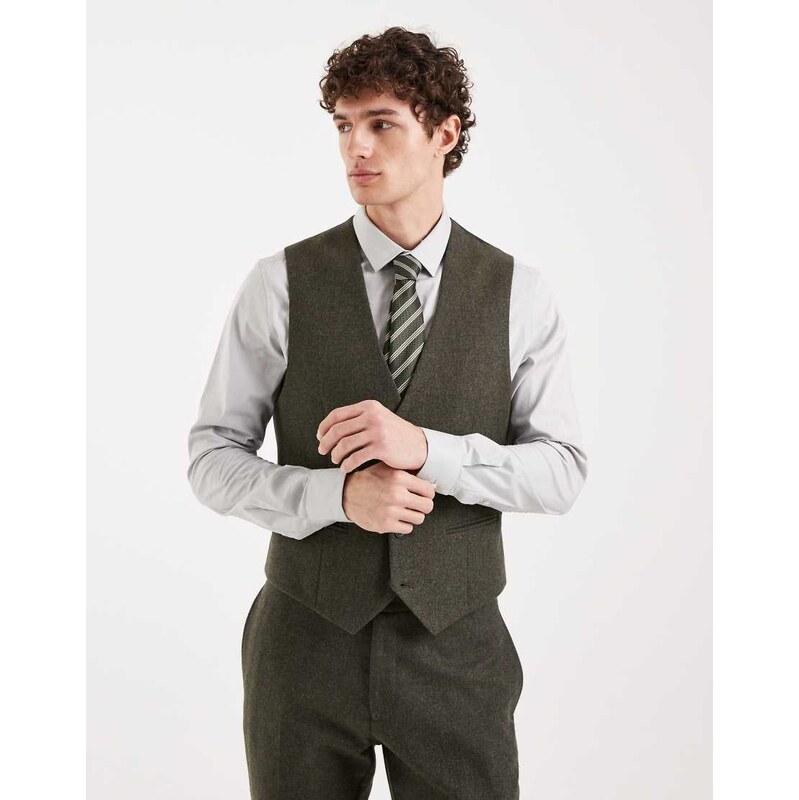 ASOS DESIGN wool mix slim suit waistcoat in khaki herringbone